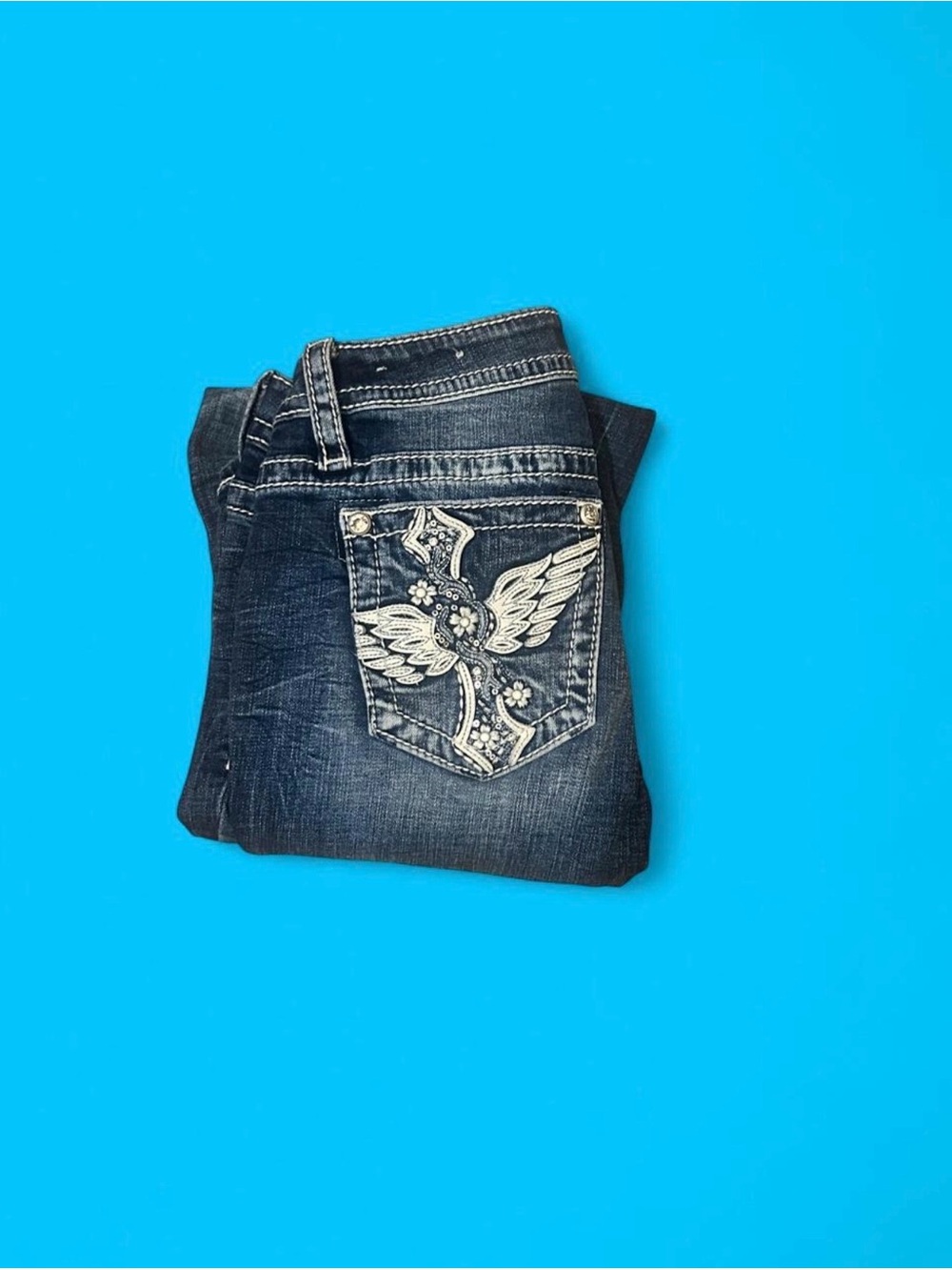 Woman miss me Dark Wash flare Embroidered Pocket Jeans